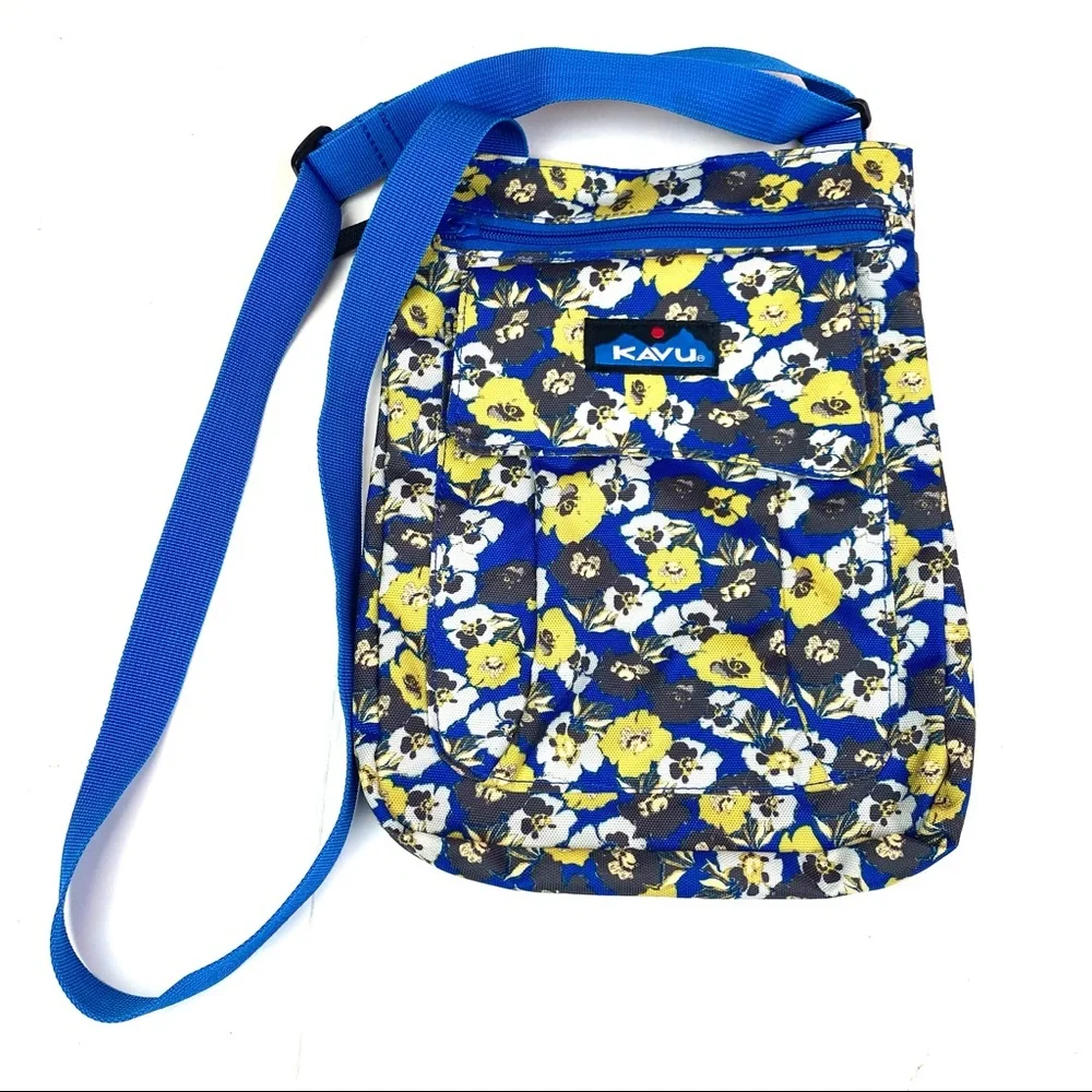 Kavu Keeper Crossbody Purse Floral Canvas Adjustable Blue Green White Hiking - Picture 1 of 8